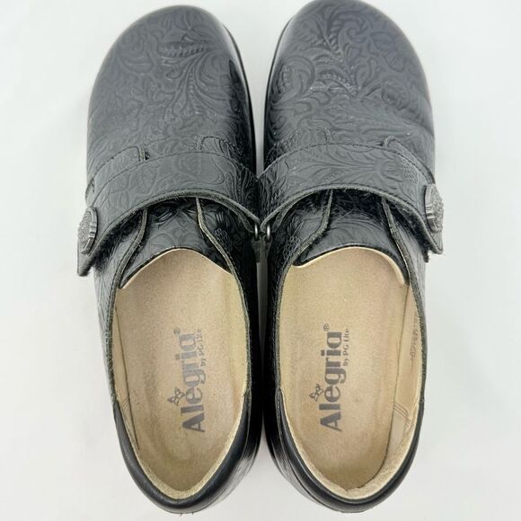 Alegria JOLEEN Black Tooled Floral Leather Slip On Adjustable Strap Support Clog - Picture 10 of 16